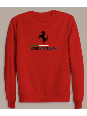 Scuderia Ferrari Baskılı Kırmızı Bisiklet Yaka Düz Sweatshirt