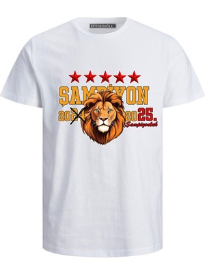 24 Bitti 25. Şampiyonluk 5 Yıldız Aslan Baskılı Pamuklu Yetişkin Tişört