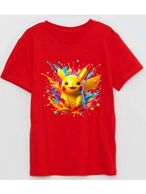 Pokemon Karakterlerinden Pikachu Baskılı Renkli Boyalar Pamuklu Çocuk Tshirt