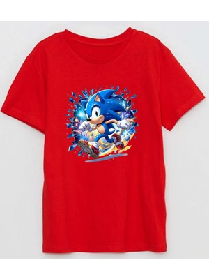 Super Sonic Koşan Şekilde Karakterl Baskılı Çocuk Pamuklu Tişört