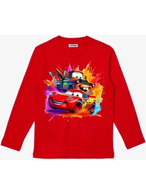 Uzun Kollu Şimşek Mcqueen ve Mater Baskılı Renkli Pamuklu Çocuk Tişört