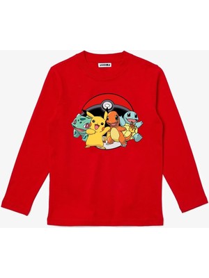 Uzun Kollu Poke Topu Pokemon Karakterleri Baskılı Çocuk Tişört