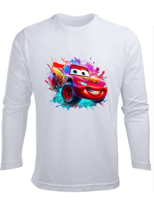 Uzun Kollu Şimşek Mcqueen Renkli Arkafon Baskılı Renkli Pamuklu Çocuk Tişört