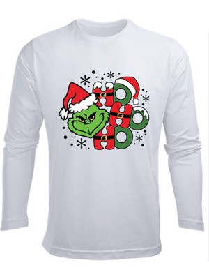Uzun Kollu Ho Ho Ho Grinch Baskılı Christmas Baskılı Yenil Yıl Çocuk Pamuklu Tişört