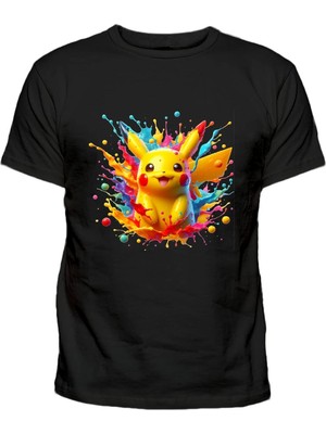 Pokemon Karakterlerinden Pikachu Baskılı Renkli Boyalar Pamuklu Çocuk Tshirt