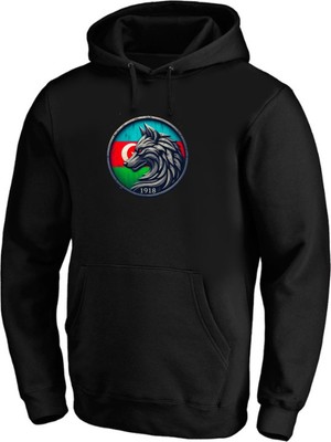 Azerbeycan Kurt Bayrak Baskılı Kapüşonlu Hoodie Sweatshirt