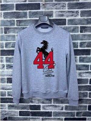 Kapüşonsuz Lew Hamiltn 44 Baskılı Pamuklu Bisiklet Yaka Sweatshirt