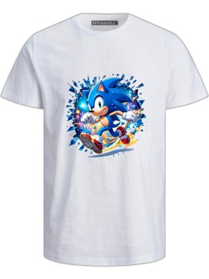Super Sonic Koşan Şekilde Karakterl Baskılı Çocuk Pamuklu Tişört