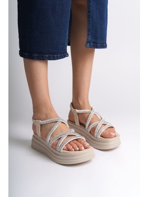 Elena Lastikli Taşlı Şeritli Ortopedik Taban Kadın Sandalet  Ckt - Krem