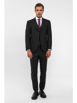 Siyah Slim Desenli Sivri Yaka 6 Drop Yelekli Takım Elbise