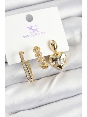 Stillove Pirinç Zirkon Taşlı Kalp Model Gold Renk 3'lü Kadın Küpe