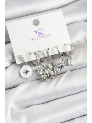 Stillove Pirinç Zirkon Taşlı Kelebek ve Yıldız Model Gümüş Renk 3'lü Çift Kadın Küpe