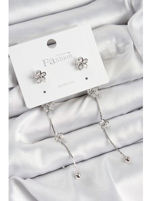 Stillove Pirinç Zirkon Taşlı Sallantılı Çiçek Model Gümüş Renk 925 Ayar Gümüş Çivi Kadın Küpe