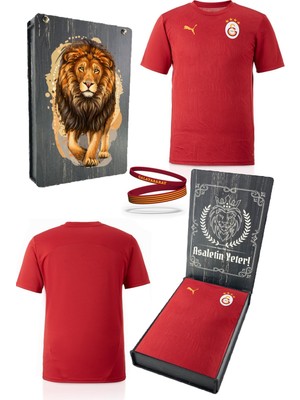 Galatasaray Orijinal Lisanslı Sıfır Yaka Kırmızı A Takım Antrenman T-Shirt + Bileklik Set Hediyelik Ahşap Kutulu