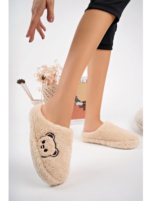 Kadın Ev Terliği Peluş Terlik Çeyiz ve Bohça Terliği Ses Yapmaz Kalın Taban Ayıcık Fiğürlü