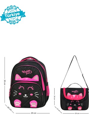 Kombin Kapitone Kedi Kız Ilkokul Çantası ve Termal Beslenme Çantası Set