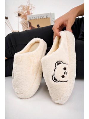 Kadın Ev Terliği Peluş Terlik Çeyiz ve Bohça Terliği Ses Yapmaz Kalın Taban Ayıcık Fiğürlü