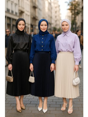 Kadın 3 Lü Paket Basic Pilise Bol Lastikli Uzun Etek