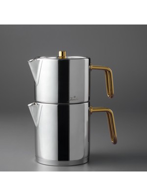 Jumbo Metalix Midi Paslanmaz Çelik Çaydanlık Seti 0,9 L Demlik + 1,2 L Suluk, Ergonomik Kulp ve İndüksiyon Uyumlu Titanyum Gold Tasarım