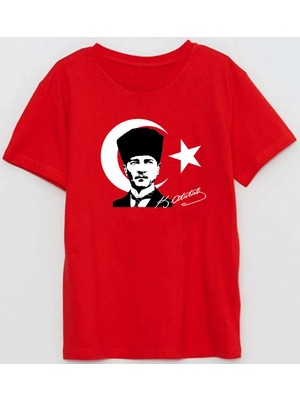Atatürk Ve Bayrak Baskılı imzalı 29 Ekim cumhuriyet bayramı Pamuklu Yumuşak Kırmızı T-shirt