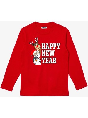 Efendioğlu Design Uzun Kollu Happy New Year Baskılı Kırmızı Çocuk Tişört %95 Pamuk Erkek Çocuk İçin Regular Kesim