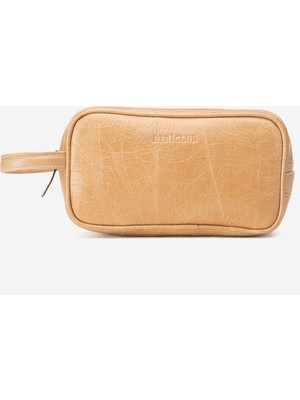 Dericlub Adal Unisex Tek Fermuarlı El Çantası Gerçek Deri Bej