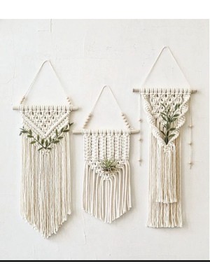 Şık Bej Makrome Üçlü Duvar Süsü, Ev Dekorasyonuna Zarif Dokunuş