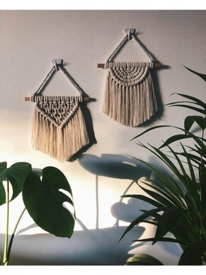 Ekru 2'li Mini Makrome Duvar Dekoru, Şık ve Modern Dekoratif Parça