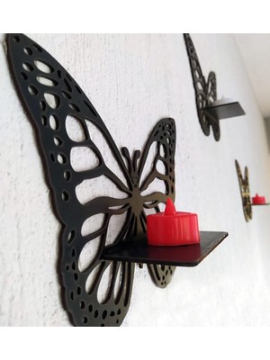 Şık 3'lü Kelebek Duvar Rafı Seti, Siyah Dekoratif Tasarım