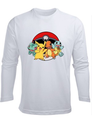 Uzun Kollu Poke Topu Pokemon Karakterleri Baskılı Çocuk Tişört