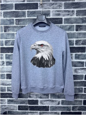 Kırmızı Gözlü Kartal Baskılı Sonbaharlık Kapüşonsuz Sweatshirt