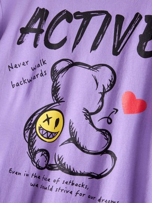 Erkek Lila Arkası Active Ayıcık Baskılı Bisiklet Yaka T-Shirt