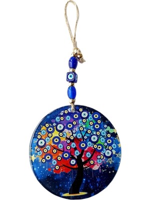 Renkli Hayat Ağacı ve Nazar Boncuğu Füzyon Cam Duvar Süsü