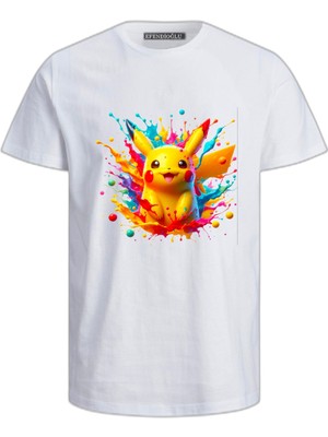 Pokemon Karakterlerinden Pikachu Baskılı Renkli Boyalar Pamuklu Çocuk Tshirt