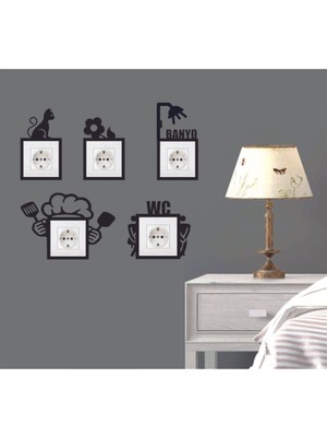 Siyah Renkli Duvar Dekoratif Priz Çerçevesi ve Süs Seti, 5'li Paket