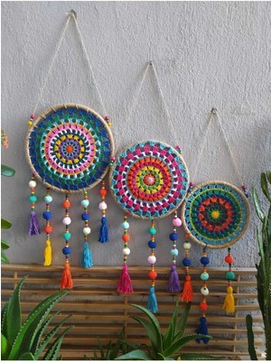 Yeşil Mandala ve Ponponlu Renkli Duvar Dekoru, El Emeği, Özel Tasarım