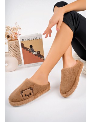 Kadın Ev Terliği Peluş Terlik Çeyiz ve Bohça Terliği Ses Yapmaz Kalın Taban Ayıcık Fiğürlü