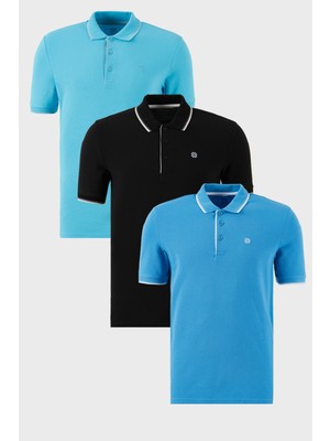 Buratti Pamuklu Slim Fit Şerit Detaylı Düğmeli Polo Yaka 3'lü Paket T Shirt Erkek T Shirt 5902118S3