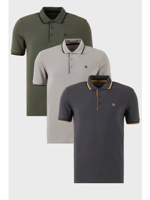 Buratti Pamuklu Slim Fit Şerit Detaylı Düğmeli Polo Yaka 3'lü Paket T Shirt Erkek T Shirt 5902118S3
