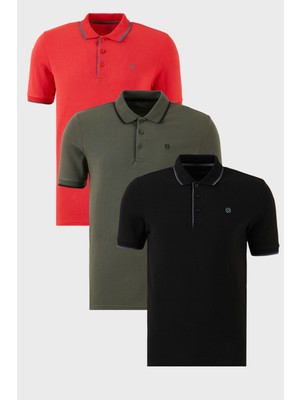 Buratti Pamuklu Slim Fit Şerit Detaylı Düğmeli Polo Yaka 3'lü Paket T Shirt Erkek T Shirt 5902118S3
