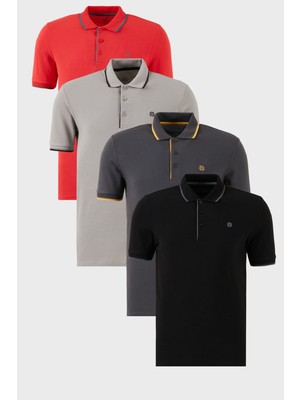 Buratti Pamuklu Slim Fit Şerit Detaylı Düğmeli Polo Yaka 4'lü Paket T Shirt Erkek T Shirt 5902118S4