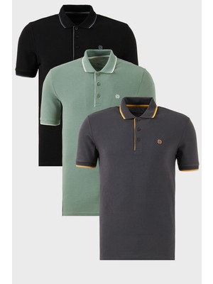 Buratti Pamuklu Slim Fit Şerit Detaylı Düğmeli Polo Yaka 3'lü Paket T Shirt Erkek T Shirt 5902118S3
