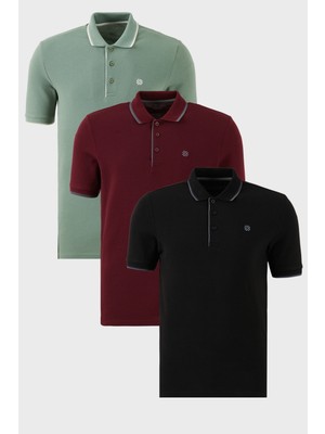 Buratti Pamuklu Slim Fit Şerit Detaylı Düğmeli Polo Yaka 3'lü Paket T Shirt Erkek T Shirt 5902118S3