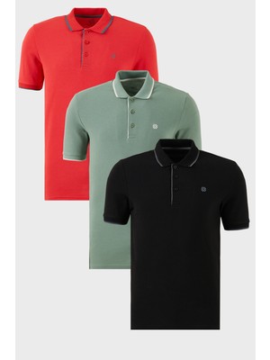 Buratti Pamuklu Slim Fit Şerit Detaylı Düğmeli Polo Yaka 3'lü Paket T Shirt Erkek T Shirt 5902118S3