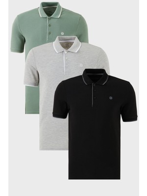 Buratti Pamuklu Slim Fit Şerit Detaylı Düğmeli Polo Yaka 3'lü Paket T Shirt Erkek T Shirt 5902118S3