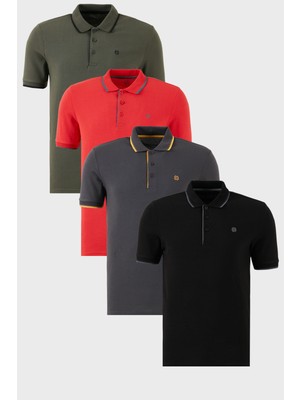 Buratti Pamuklu Slim Fit Şerit Detaylı Düğmeli Polo Yaka 4'lü Paket T Shirt Erkek T Shirt 5902118S4