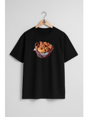 Oversize Croissant Bread Kruvasan Sepeti Göğüs Tasarımlı Unisex T-Shirt