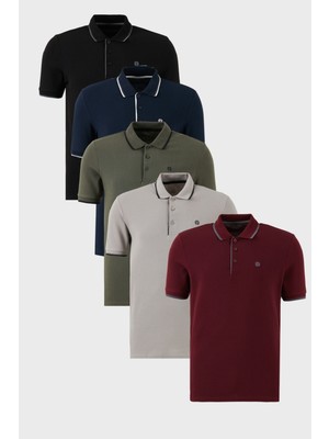 Buratti Pamuklu Slim Fit Şerit Detaylı Düğmeli Polo Yaka 5'li Paket T Shirt Erkek T Shirt 5902118S5