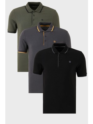 Buratti Pamuklu Slim Fit Şerit Detaylı Düğmeli Polo Yaka 3'lü Paket T Shirt Erkek T Shirt 5902118S3