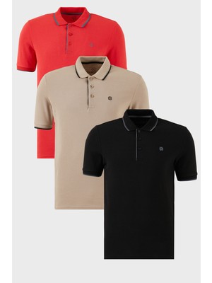 Buratti Pamuklu Slim Fit Şerit Detaylı Düğmeli Polo Yaka 3'lü Paket T Shirt Erkek T Shirt 5902118S3